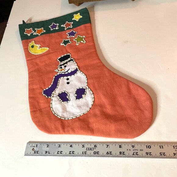 Vintage Embroidered Christmas Stocking Folk Art Snowman Stars Design Primitive - Picture 6 of 7